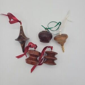 Wooden Hanging Christmas Ornaments Oak Mahogany Gold Lot Of 5